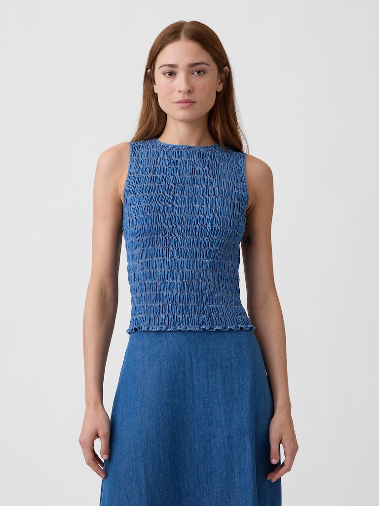 Smocked Sleeveless Boatneck Top