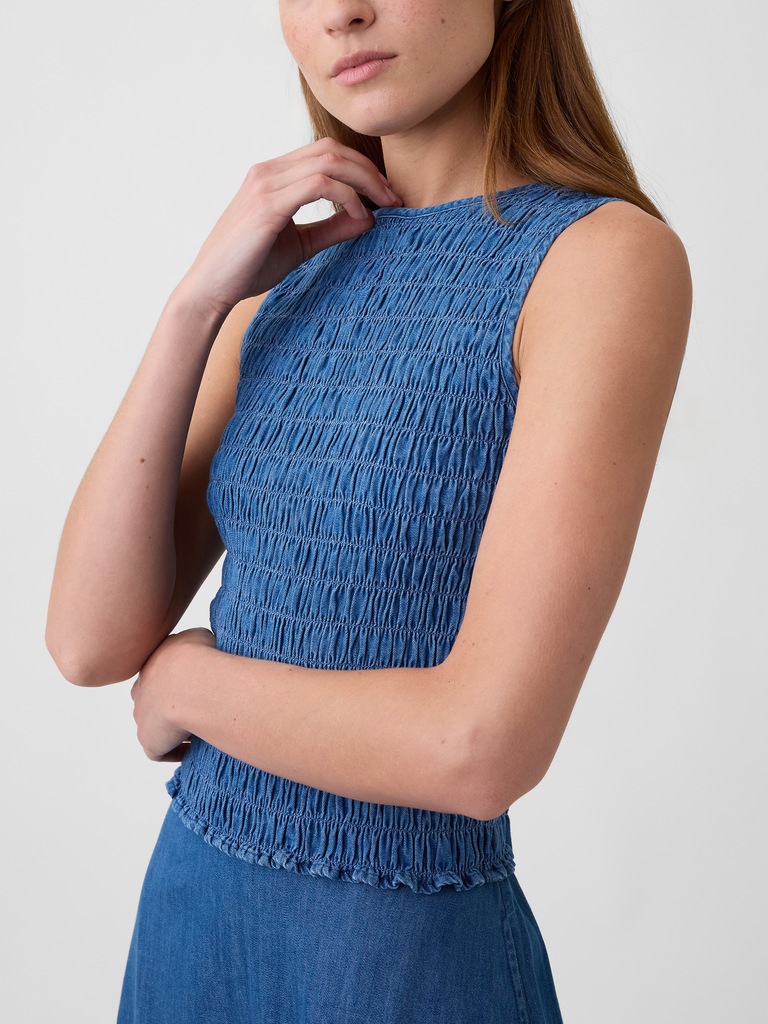 Smocked Sleeveless Boatneck Top