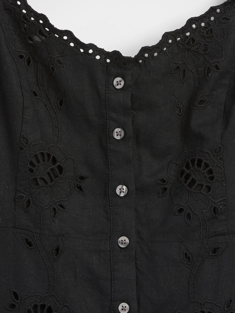 Linen-Blend Embroidered Button-Front Cami Maxi Dress