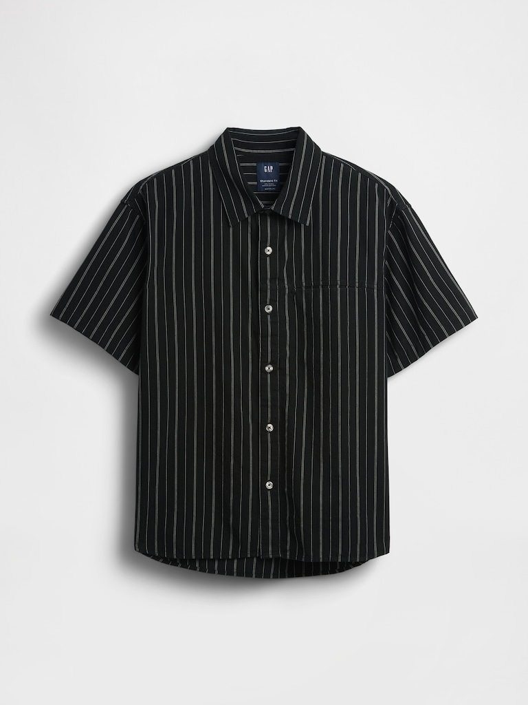 Seersucker Stripe Relaxed Curved-Hem Shirt