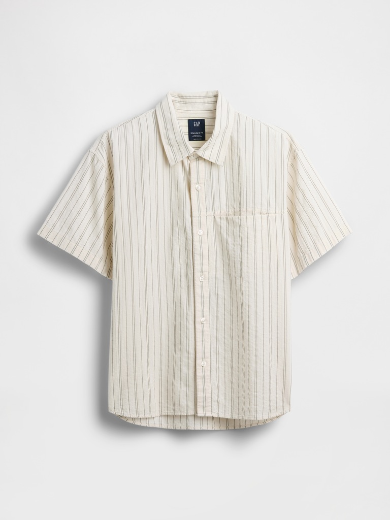 Seersucker Stripe Relaxed Curved-Hem Shirt