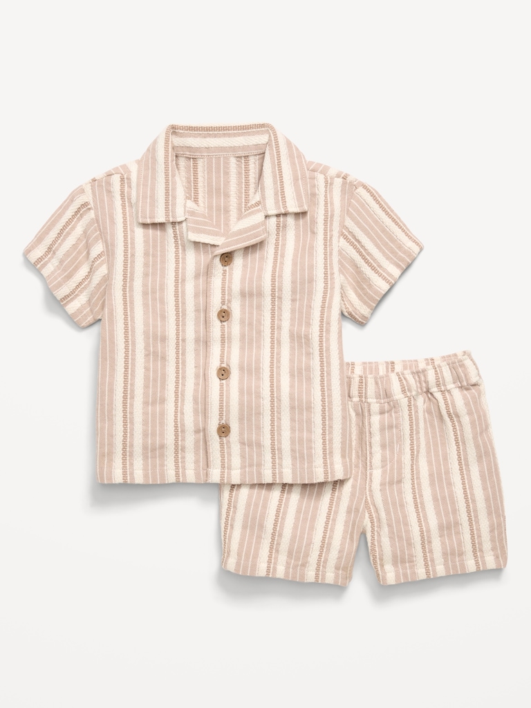Short-Sleeve Textured Striped Shirt and Shorts Set for Baby