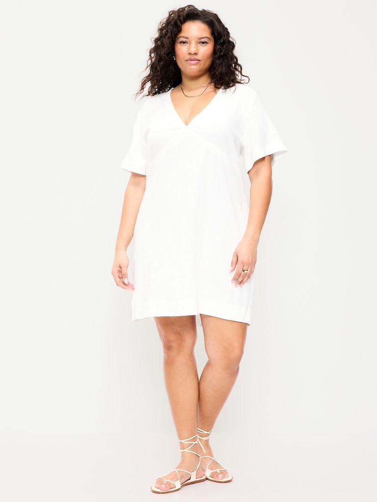 V-Neck Linen-Blend Mini Shift Dress