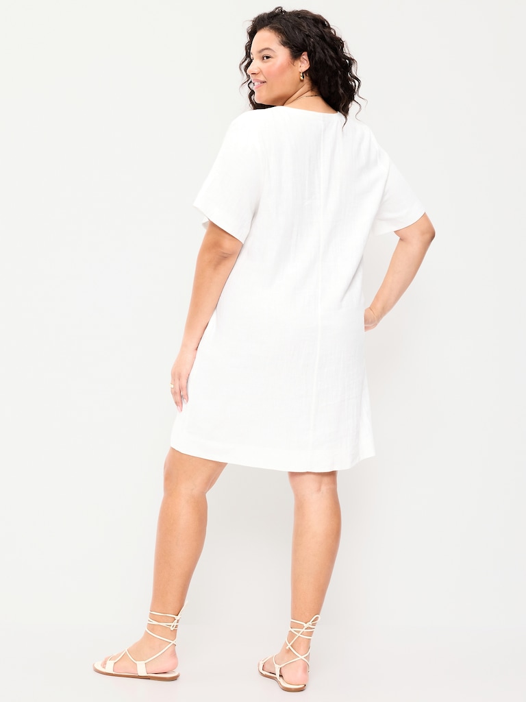 V-Neck Linen-Blend Mini Shift Dress