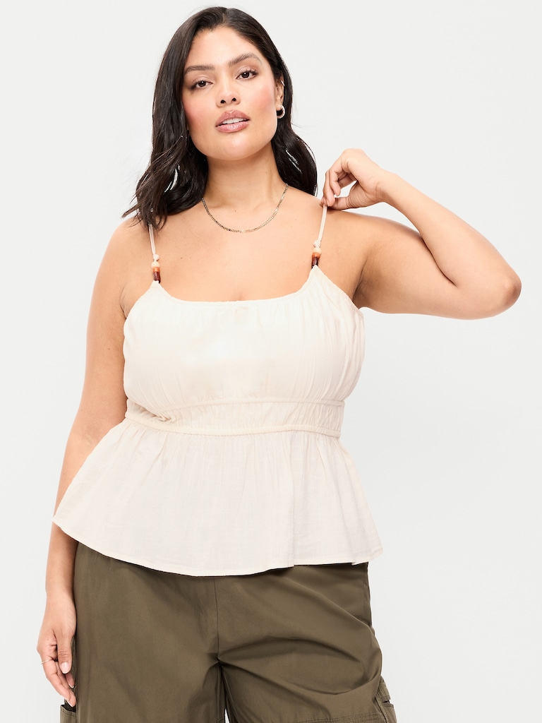 Beaded Strap Smocked-Waist Tank Top