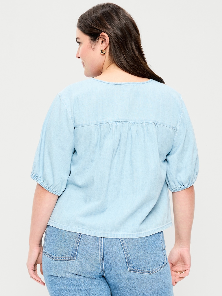 Short-Sleeve Beaded Denim Top