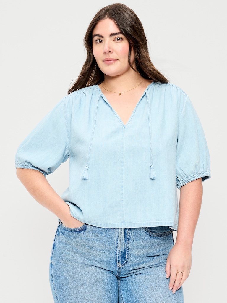 Short-Sleeve Beaded Denim Top