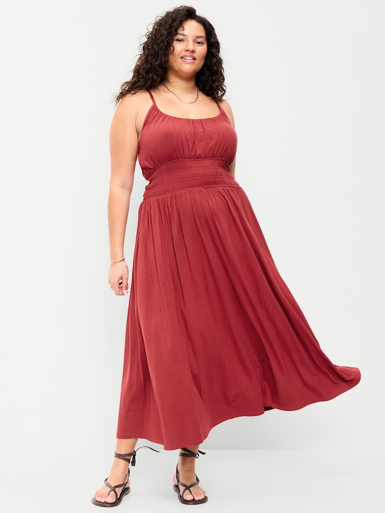 Fit & Flare Jersey Smocked-Waist Midi Dress