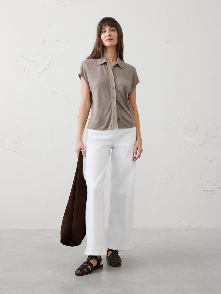 Linen-Blend Collared Top