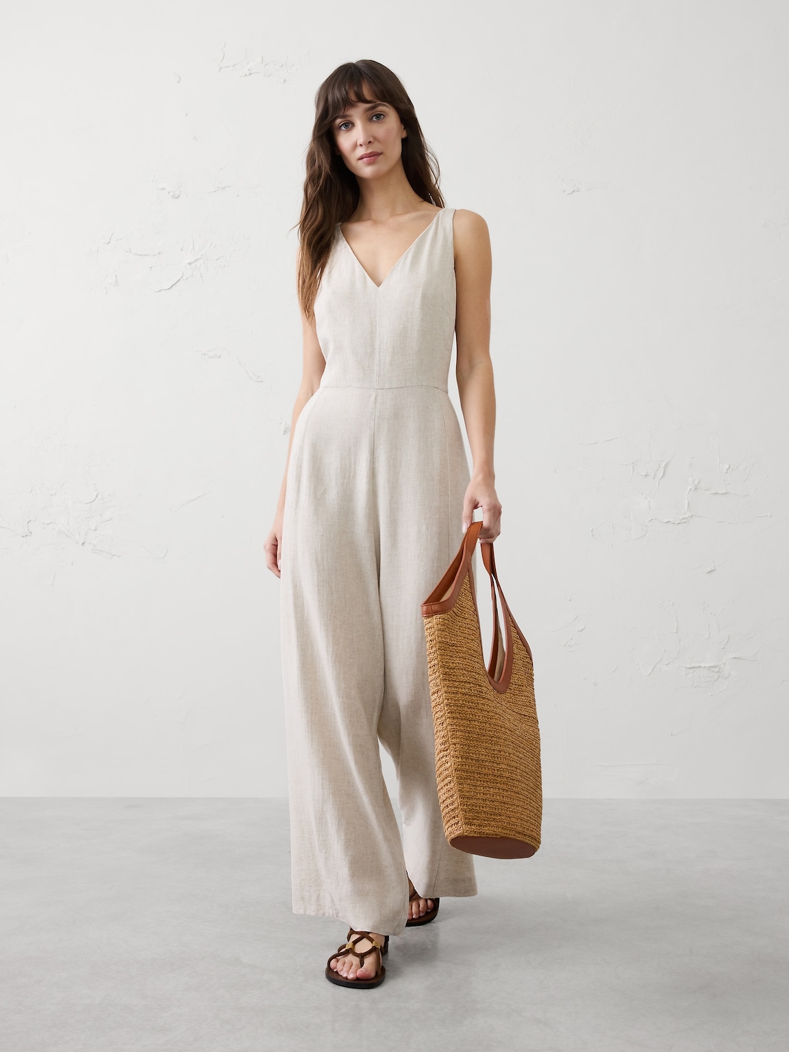 Linen-Blend V-Neck Jumpsuit