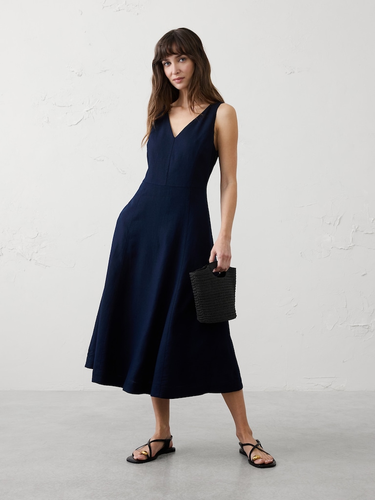 Linen-Blend Drapey Midi Dress