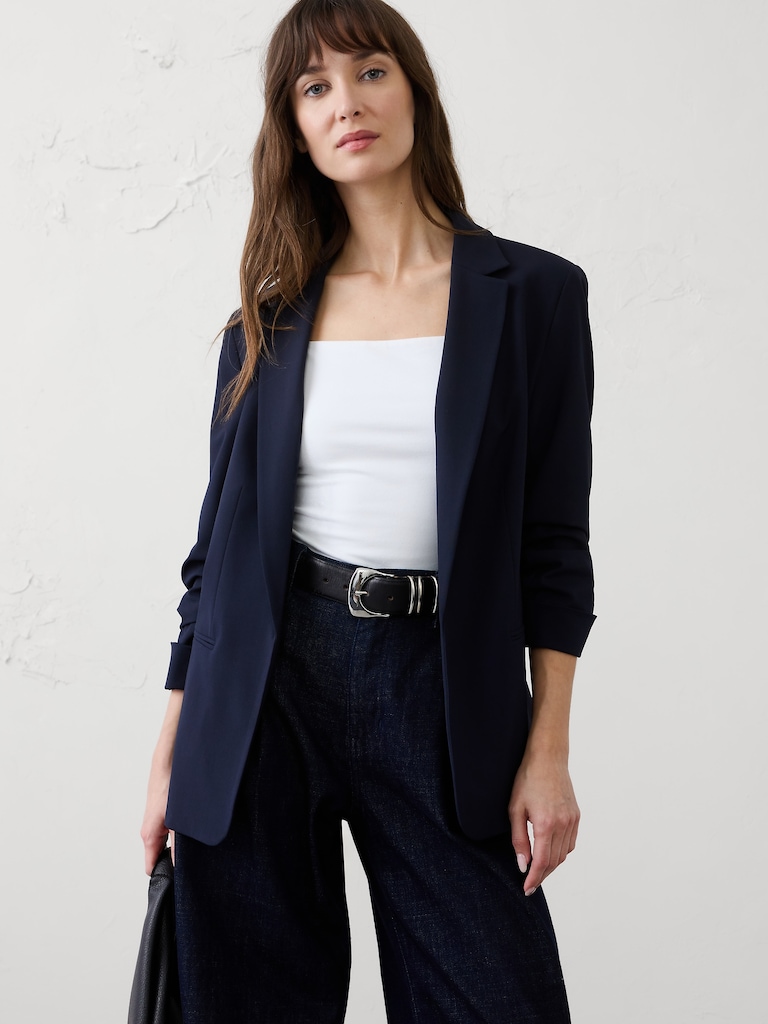 Stretch Ruched-Sleeve Blazer