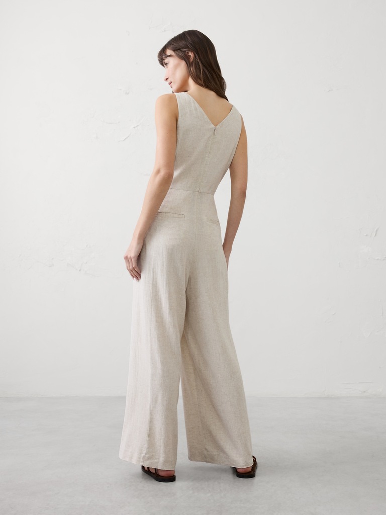 Linen-Blend Vee-Neck Jumpsuit