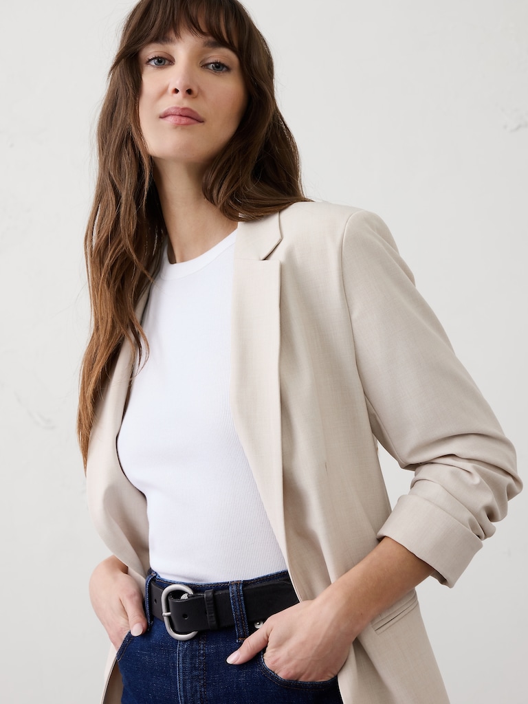 Sculpted Stretch Ruched-Sleeve Blazer
