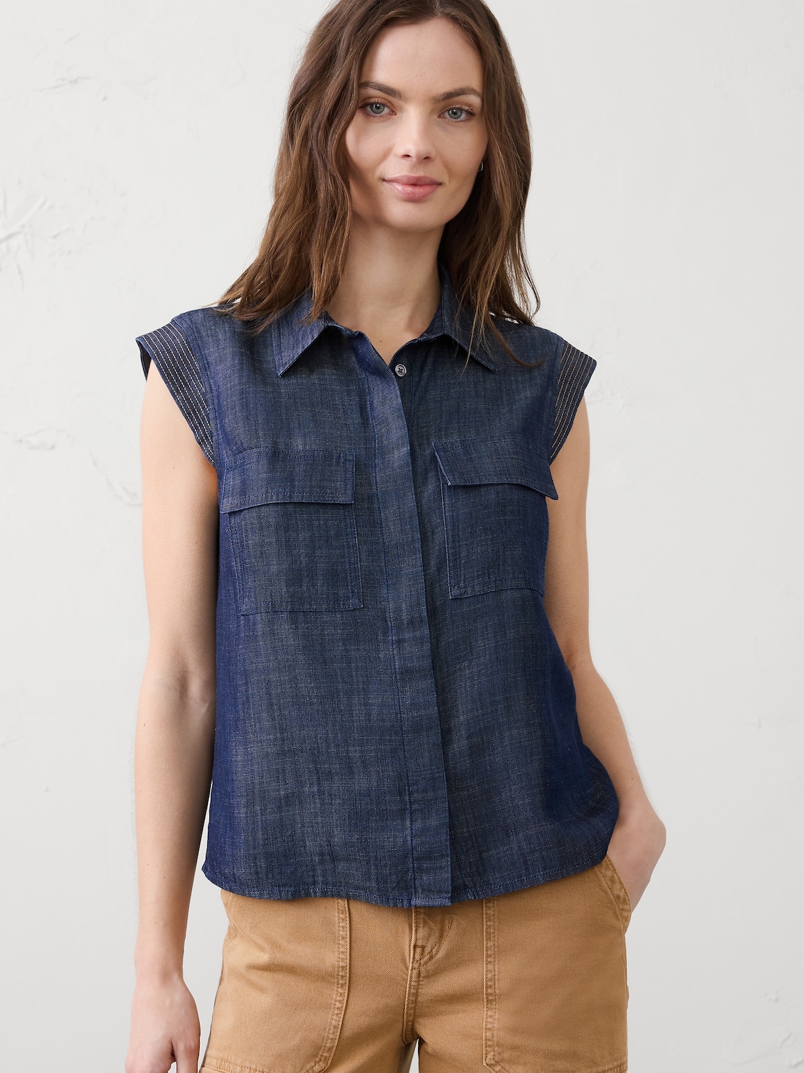 Denim Trapunto Cap-Sleeve Shirt