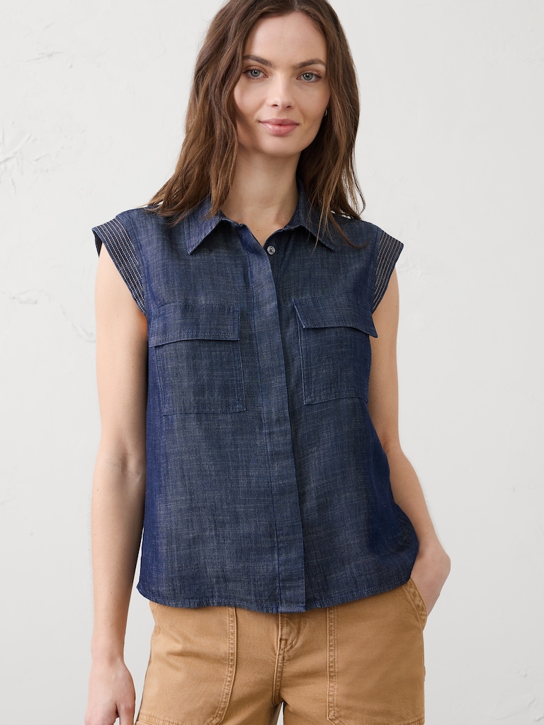 Denim Trapunto Cap-Sleeve Shirt