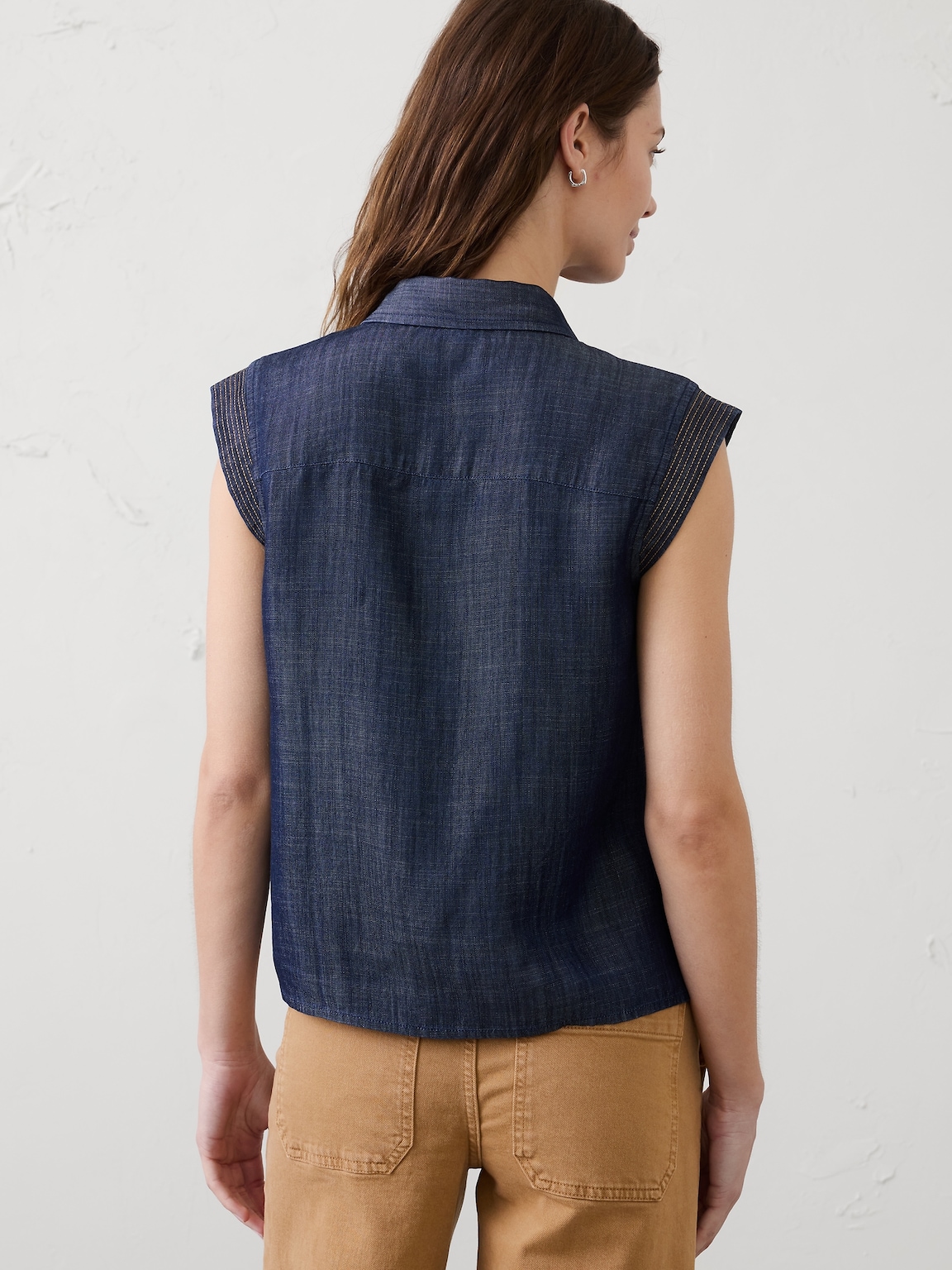 Denim Trapunto Cap-Sleeve Shirt