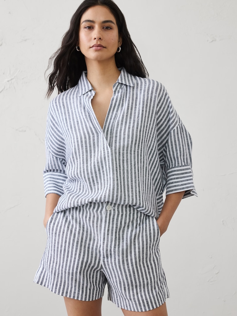 Linen-Blend Drapey Popover Shirt