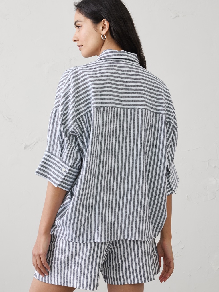Linen-Blend Drapey Popover Shirt