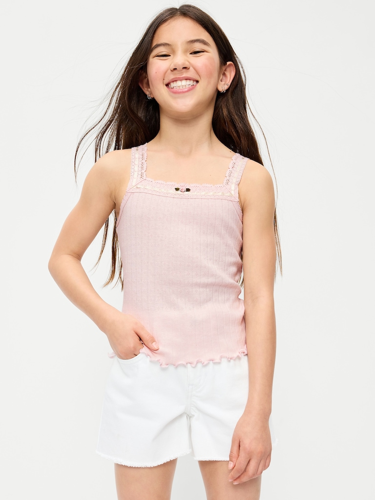 Fitted Lace-Trim Pointelle Tank Top for Girls