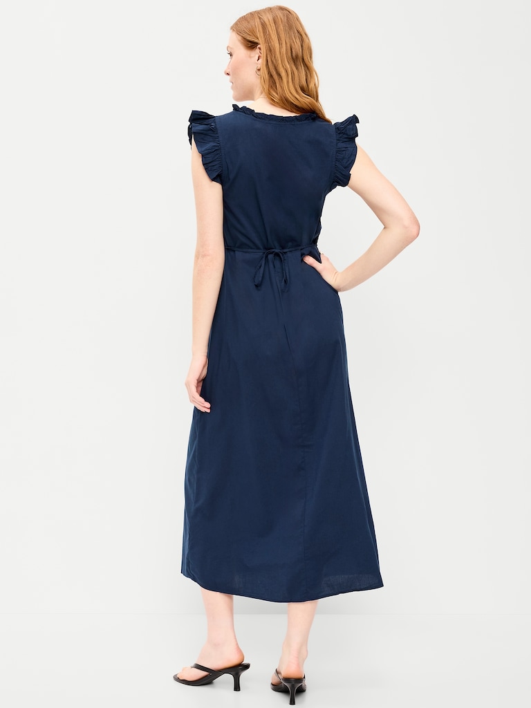 Ruffle-Trim V-Neck Midi Dress
