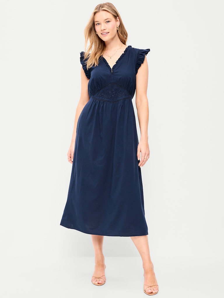 Ruffle-Trim V-Neck Midi Dress
