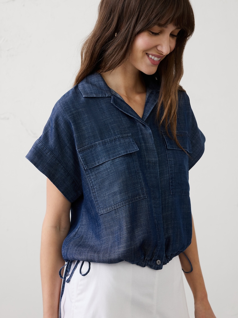 Tencel Chambray Drawstring-Hem Shirt