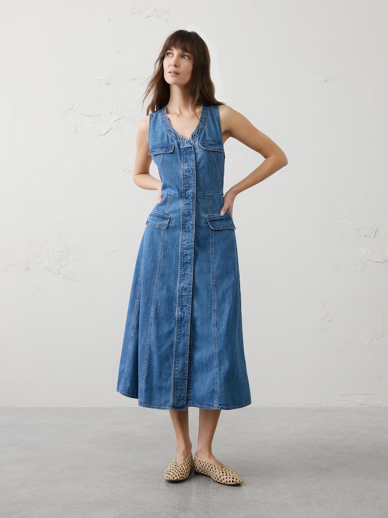 Denim-Sleeve Midi Dress