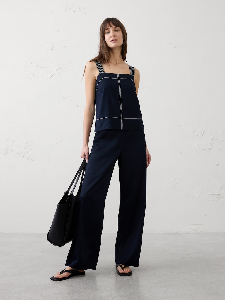 Wide-Leg High-Rise Crinkle Satin Pull-On Pant