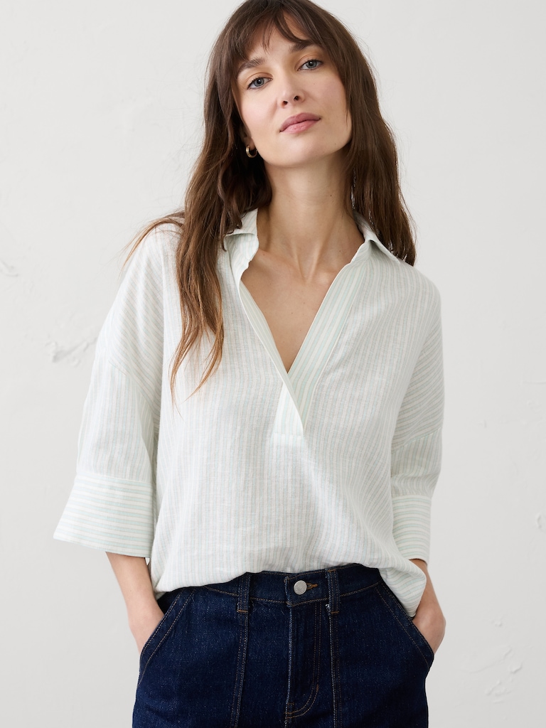 Linen-Blend Drapey Popover Shirt