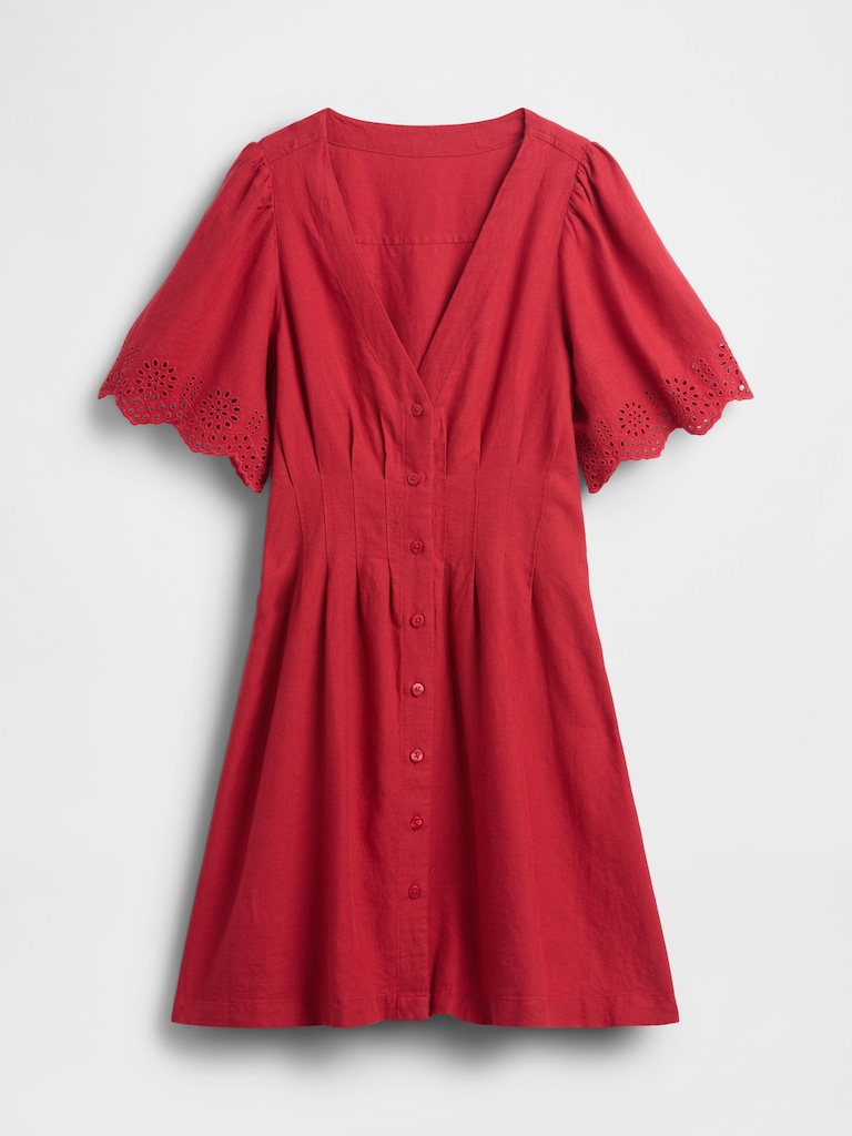 Linen-Blend Cinched Mini Shirtdress