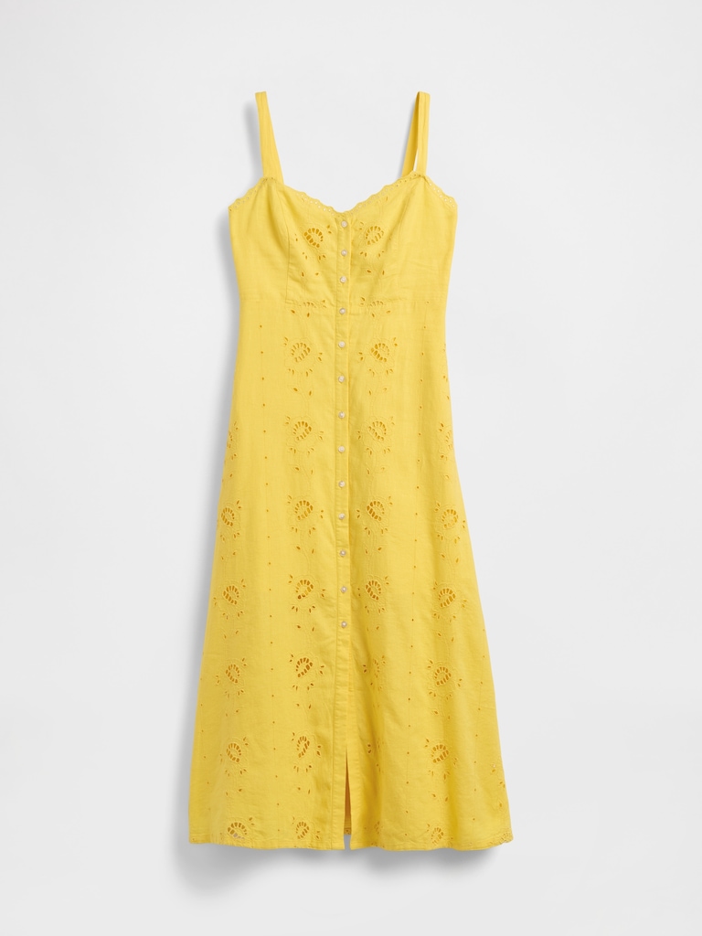 Linen-Blend Embroidered Button-Front Cami Maxi Dress