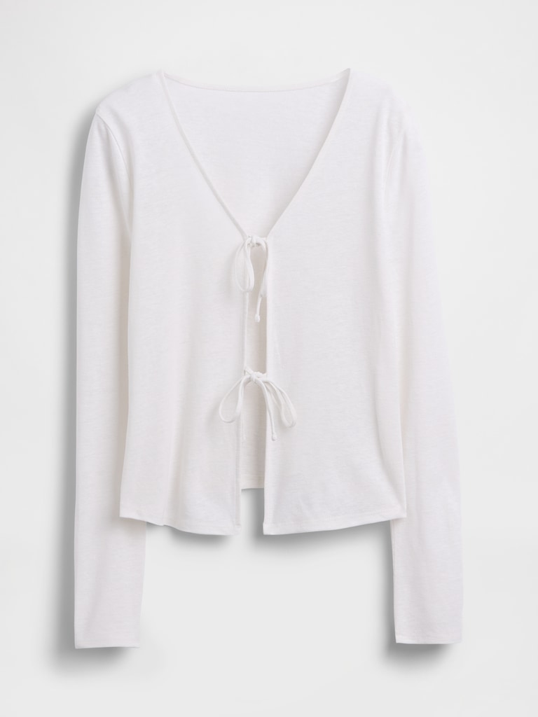 Linen-Blend Tie-Front Cardigan
