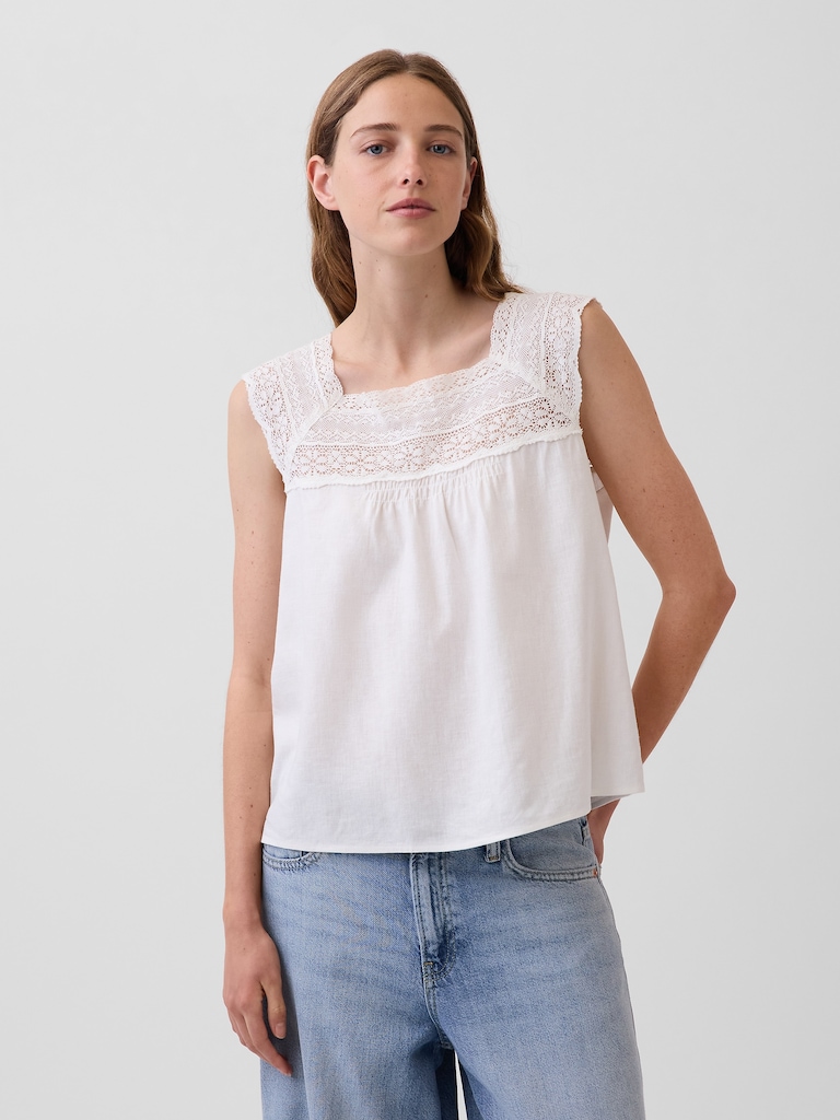 Haut à encolure carrée en mélange de lin crocheté