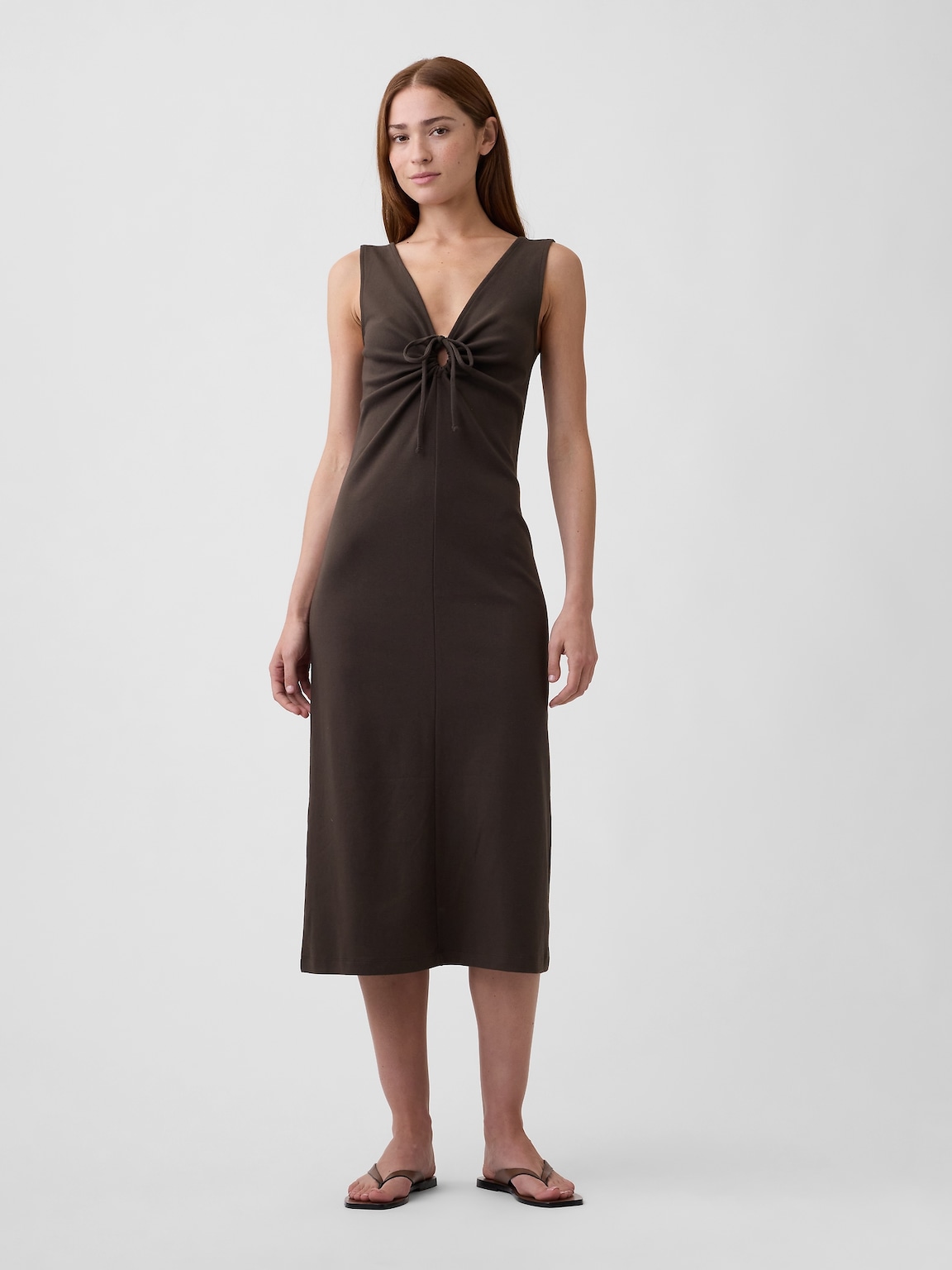 Modern Ribbed Tie-Front Midi Dress