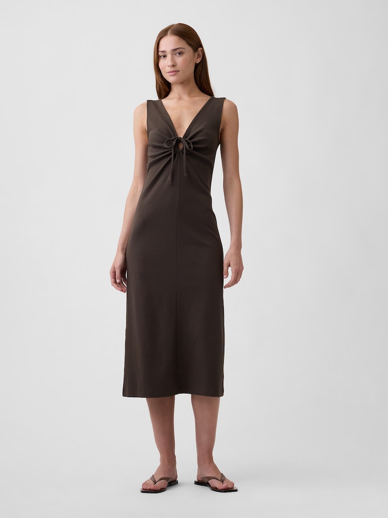 Modern Ribbed Tie-Front Midi Dress