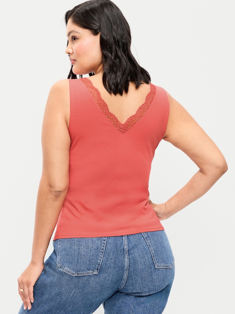 Sleeveless Lace-Trim V-Neck Ribbed Top
