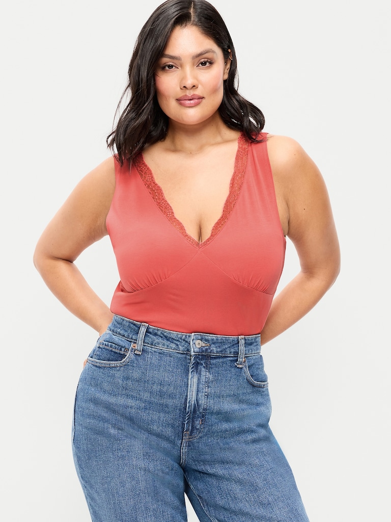 Sleeveless Lace-Trim V-Neck Ribbed Top