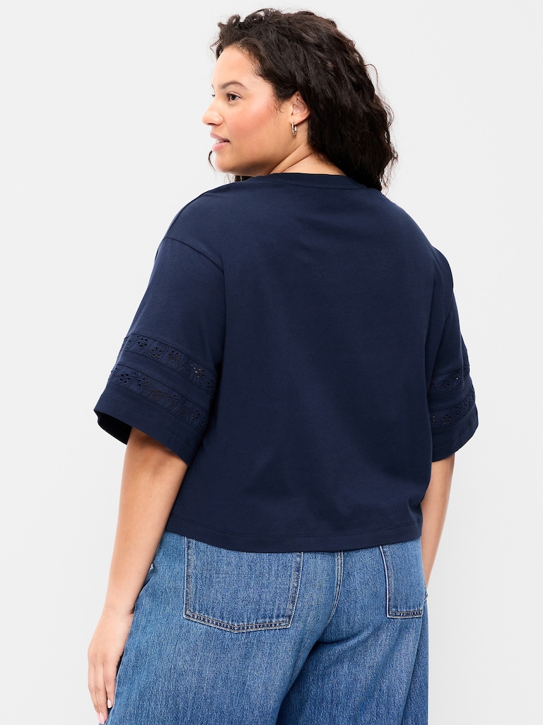 Vintage Crew-Neck Cropped Lace-Trim T-Shirt