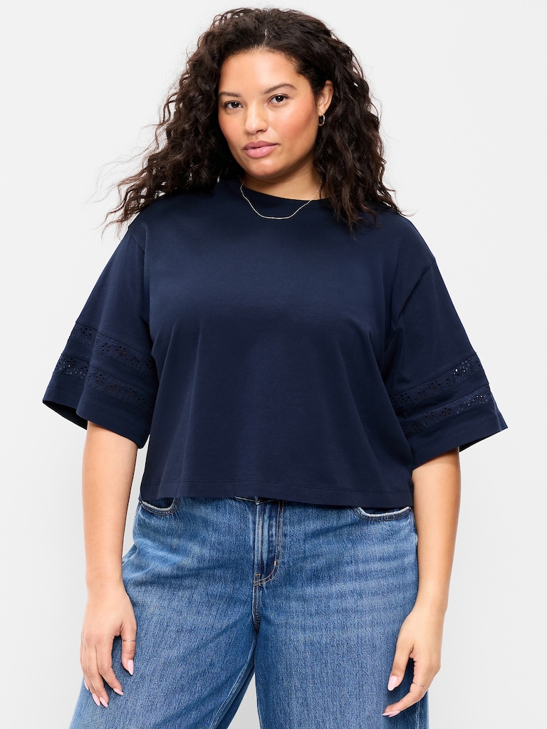 Vintage Crew-Neck Cropped Lace-Trim T-Shirt