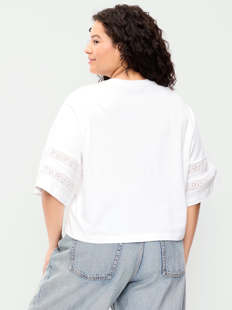 Vintage Crew-Neck Cropped Lace-Trim T-Shirt