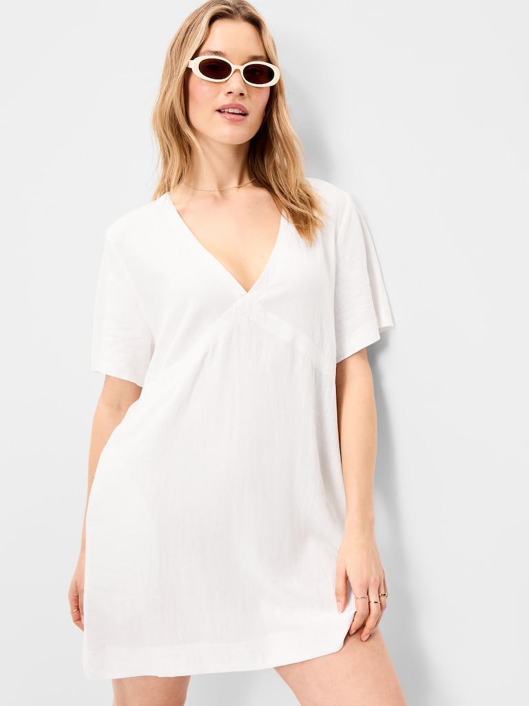 V-Neck Linen-Blend Mini Shift Dress