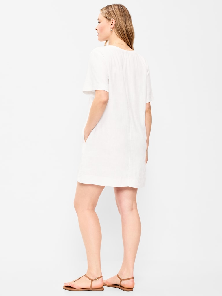 V-Neck Linen-Blend Mini Shift Dress