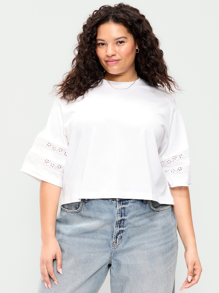 Vintage Crew-Neck Cropped Lace-Trim T-Shirt