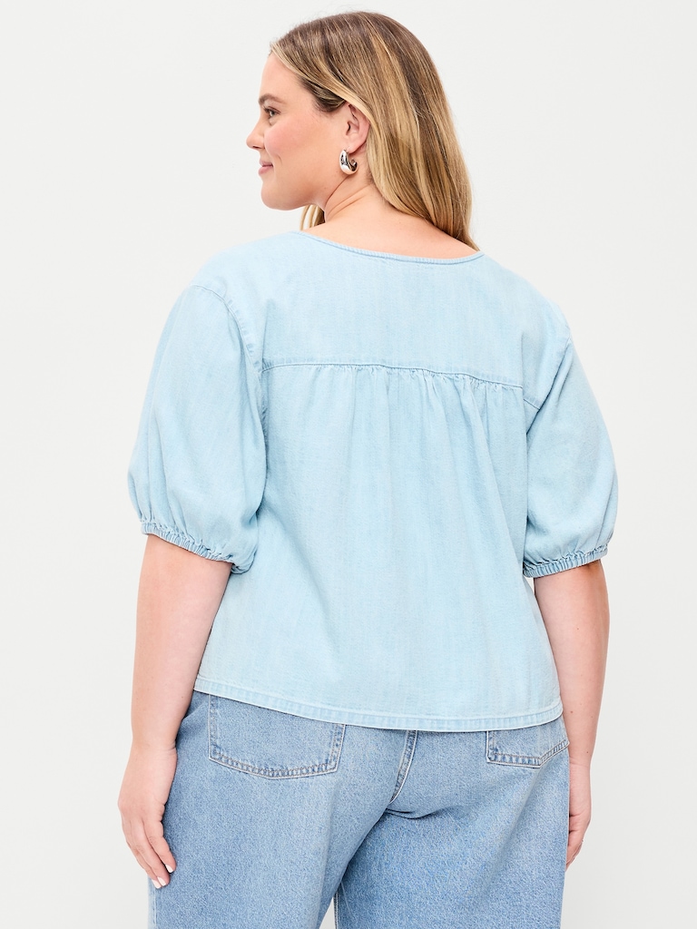 Short-Sleeve Beaded Denim Top