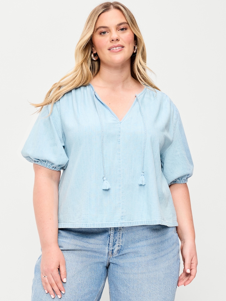 Short-Sleeve Beaded Denim Top
