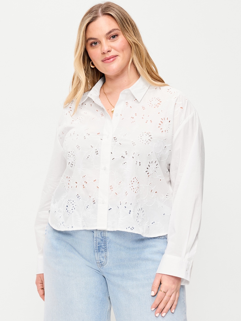 Cropped Eyelet Button-Down Shirt