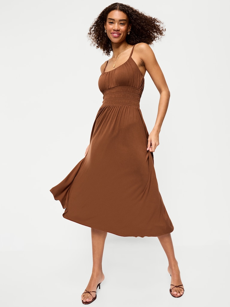 Fit & Flare Jersey Smocked-Waist Midi Dress