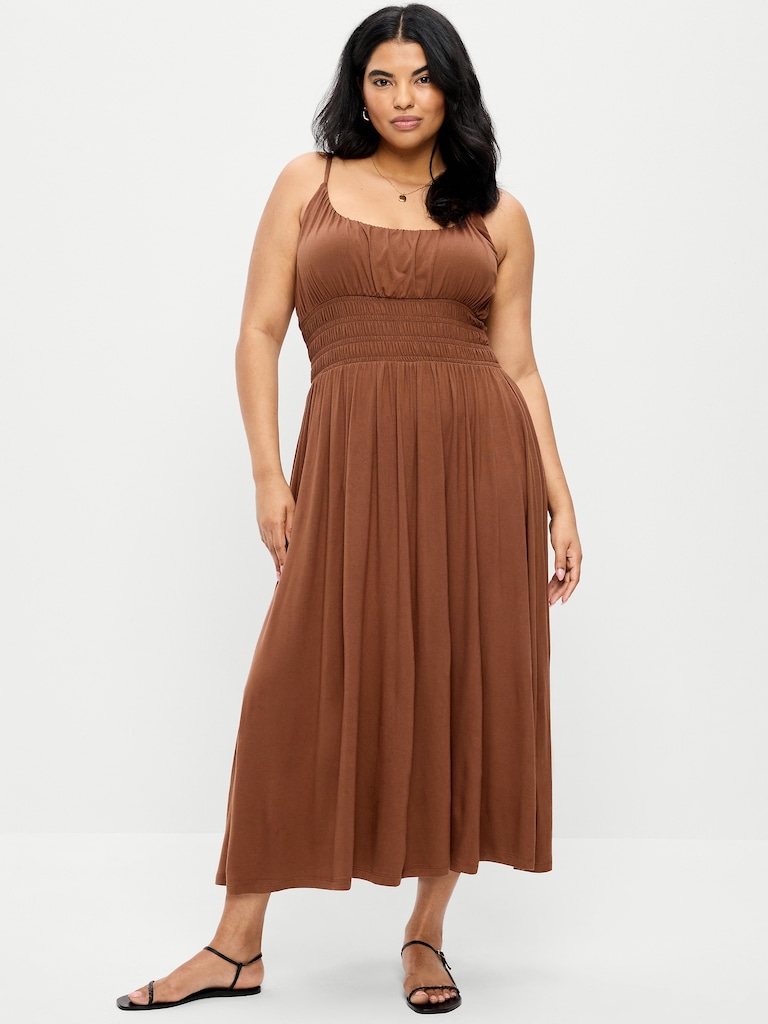 Fit & Flare Jersey Smocked-Waist Midi Dress