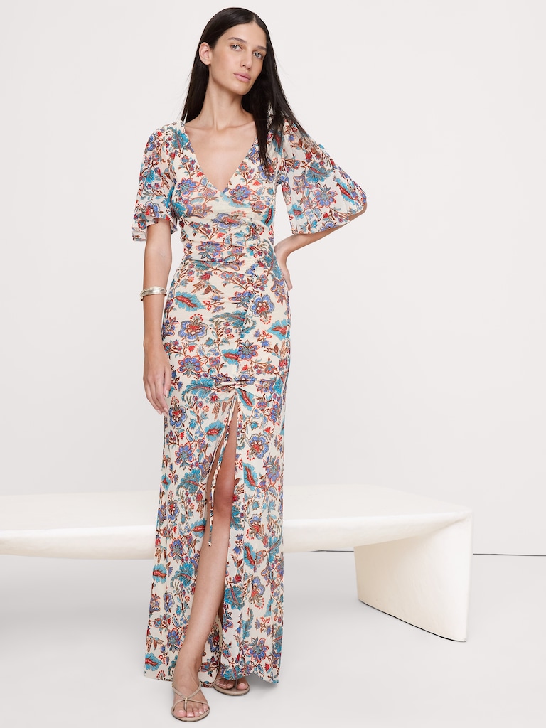 Mesh Flutter-Sleeve Maxi Dress